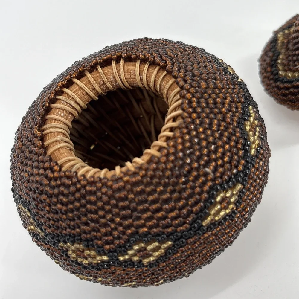Vintage Glass Beaded Lidded Basket Bali, Indonesia Artisan Balinese 3
